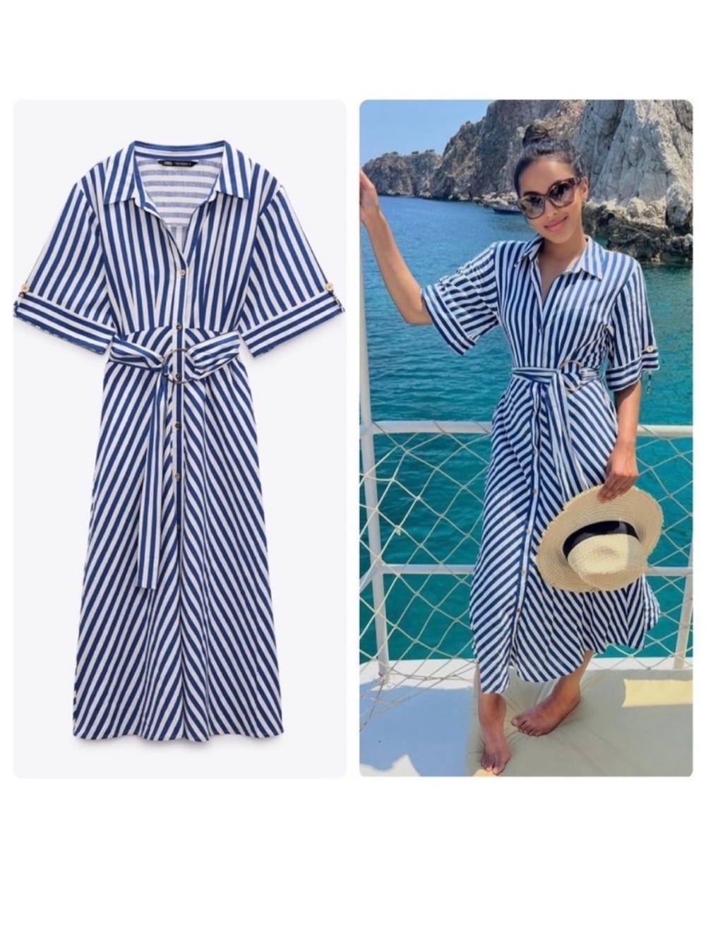 ZARA LINEN BLEND STRIPED DRESS  BLUE / WHITE - REF. 7969/056 Medium